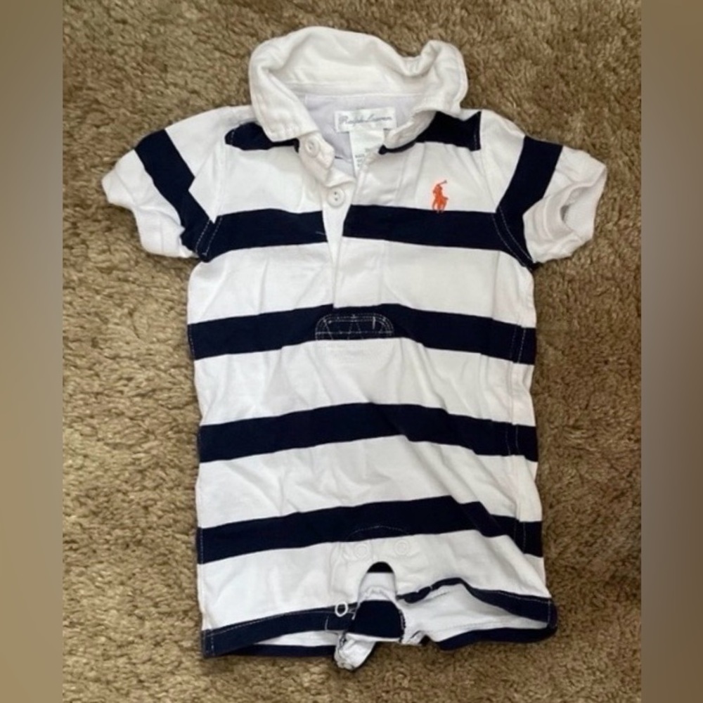 Striped Navy Blue and White 0-3 Months Collared Short Sleeve/Shorts Romper